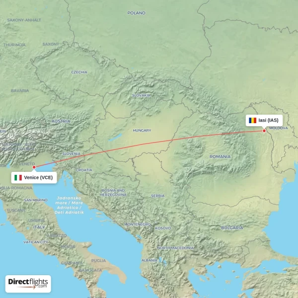 Venice - Iasi direct flight map
