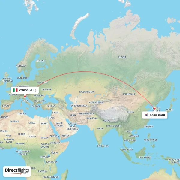 Venice - Seoul direct flight map