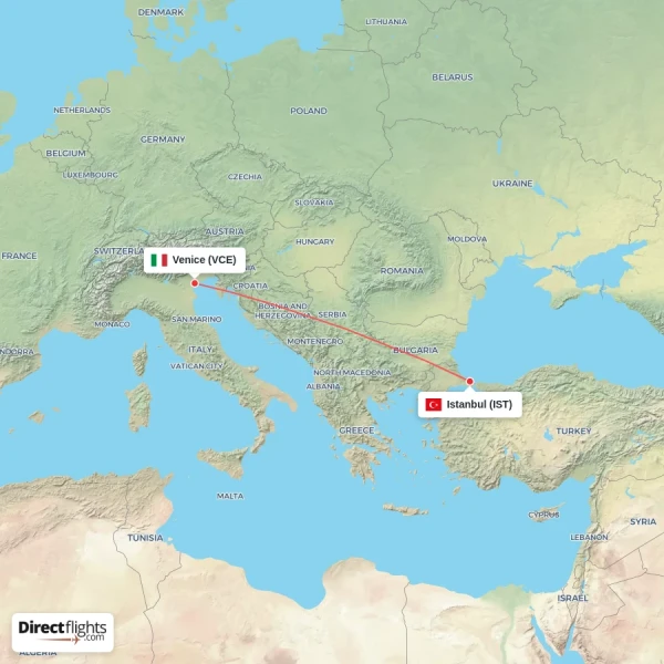 Venice - Istanbul direct flight map