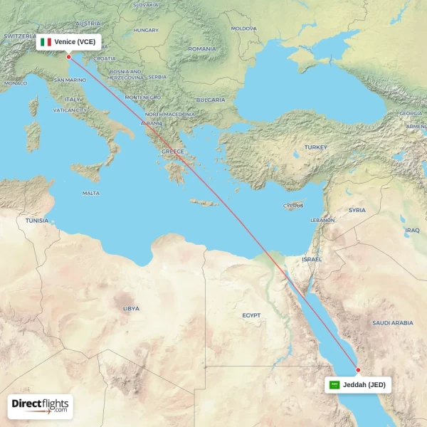 Venice - Jeddah direct flight map