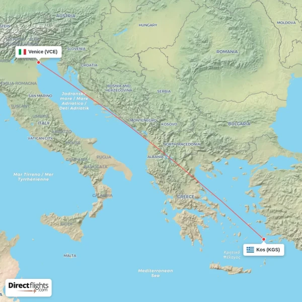 Venice - Kos direct flight map