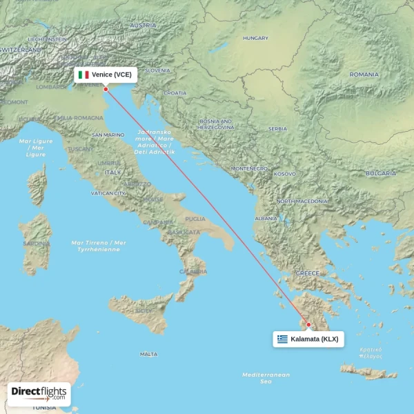 Venice - Kalamata direct flight map