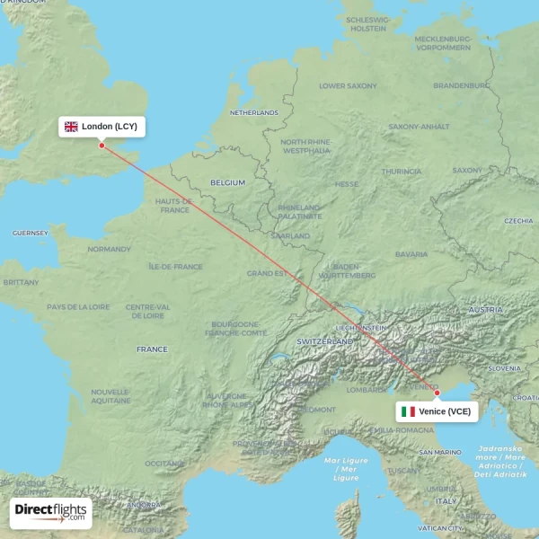 Venice - London direct flight map
