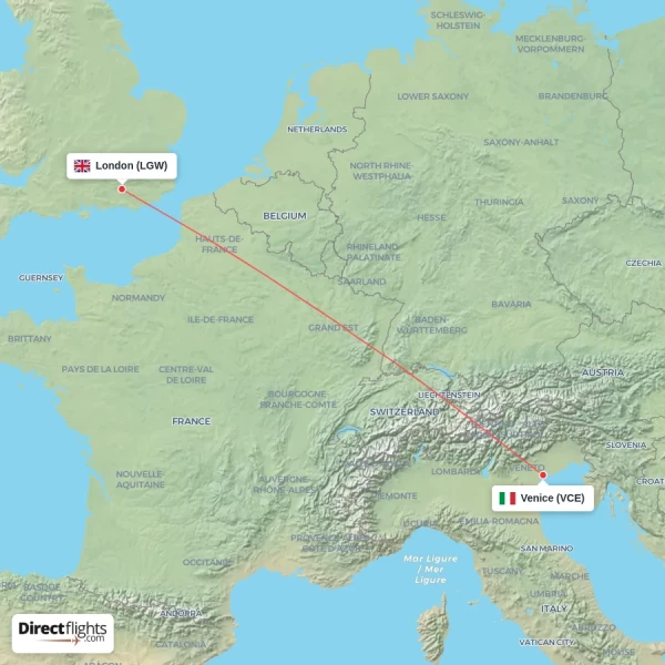 Venice - London direct flight map