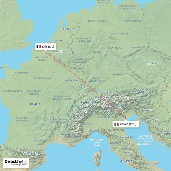 Venice - Lille direct flight map