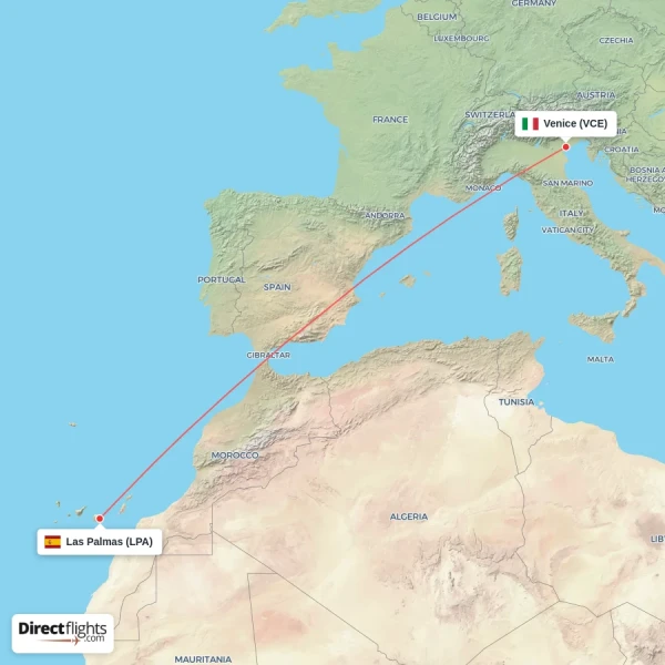 Venice - Las Palmas direct flight map