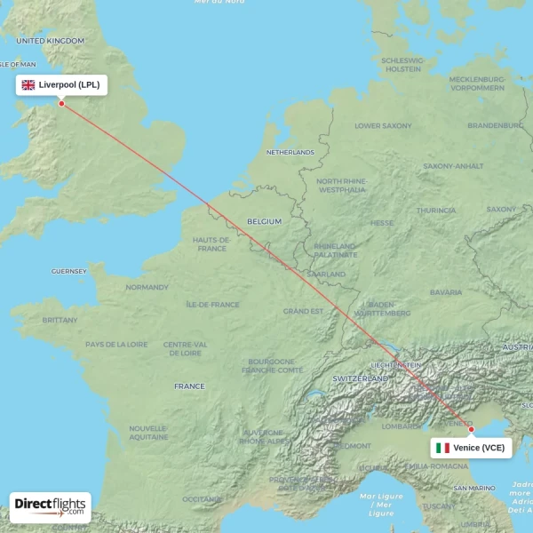 Venice - Liverpool direct flight map
