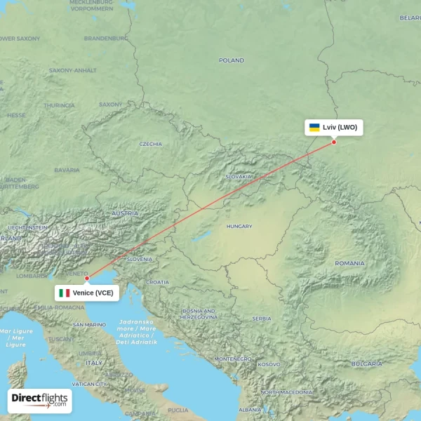 Venice - Lviv direct flight map