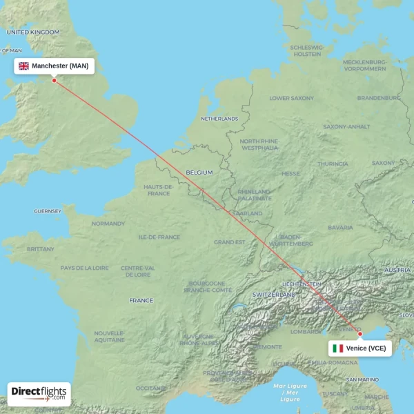 Venice - Manchester direct flight map