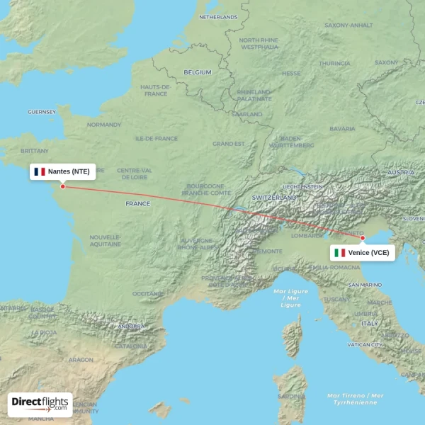 Venice - Nantes direct flight map