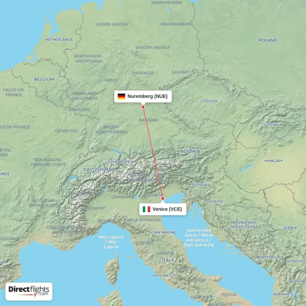 Venice - Nuremberg direct flight map