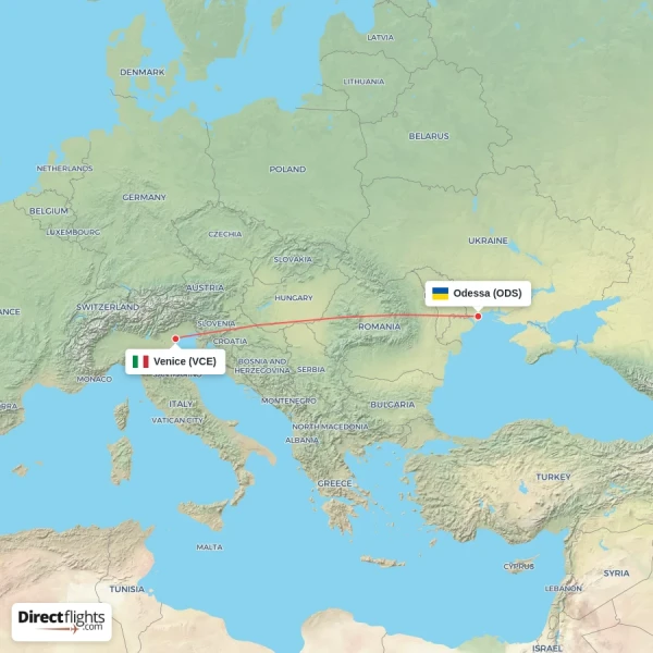 Venice - Odessa direct flight map