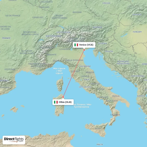 Venice - Olbia direct flight map