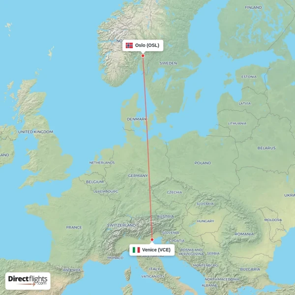 Venice - Oslo direct flight map