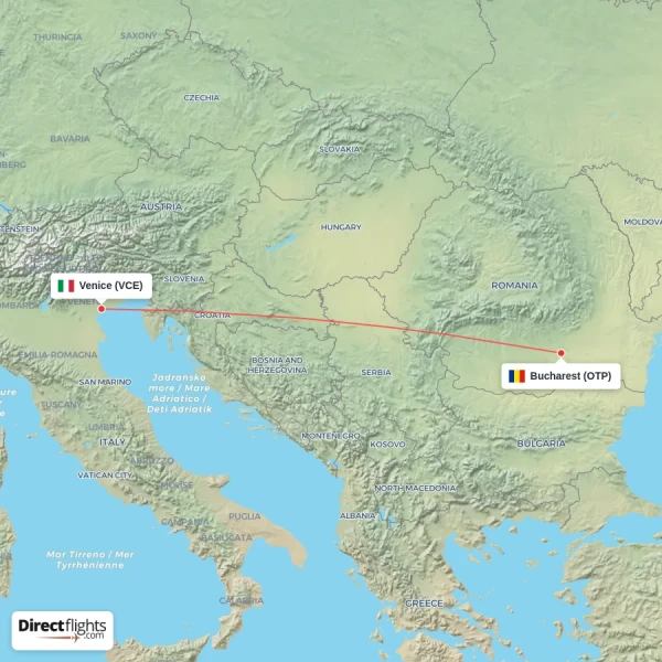 Venice - Bucharest direct flight map