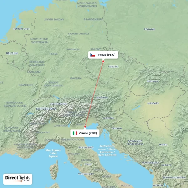 Venice - Prague direct flight map