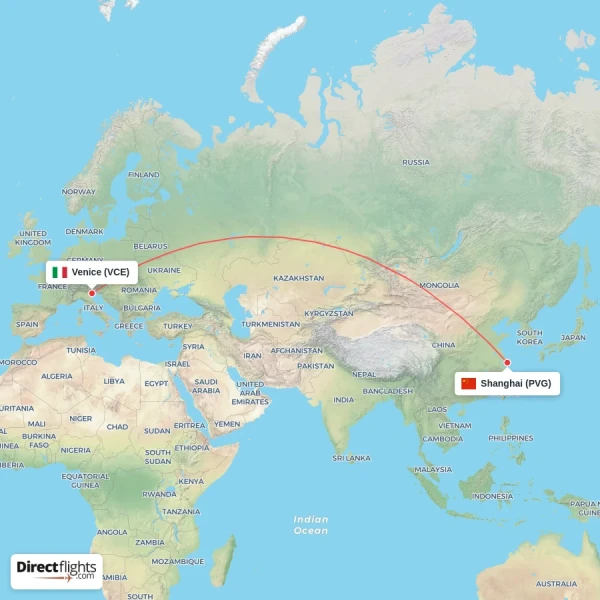 Venice - Shanghai direct flight map