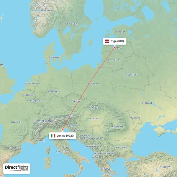Venice - Riga direct flight map
