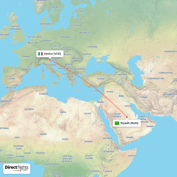 Venice - Riyadh direct flight map
