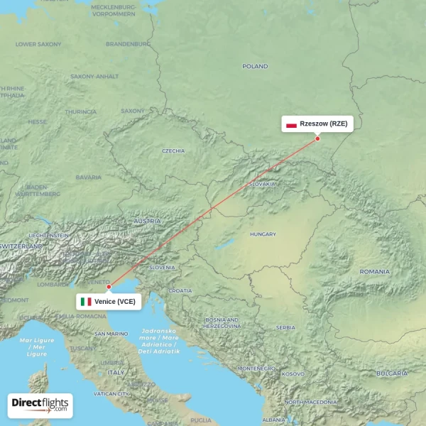 Venice - Rzeszow direct flight map