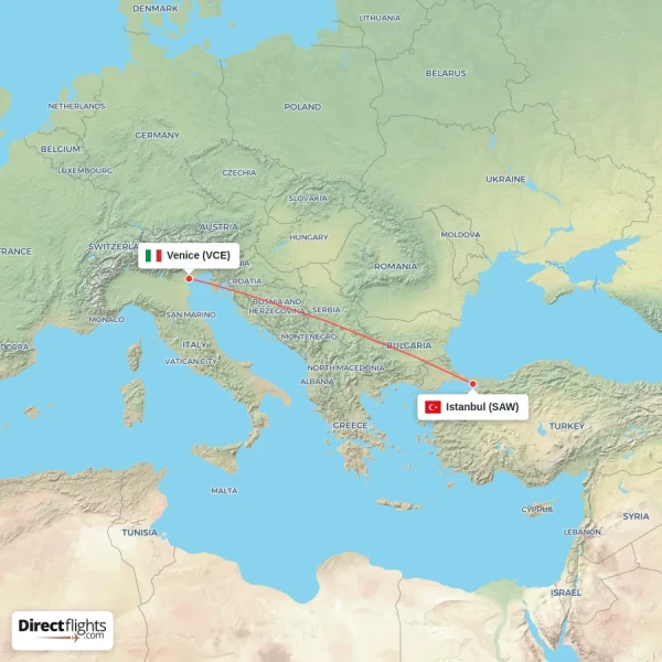 Venice - Istanbul direct flight map