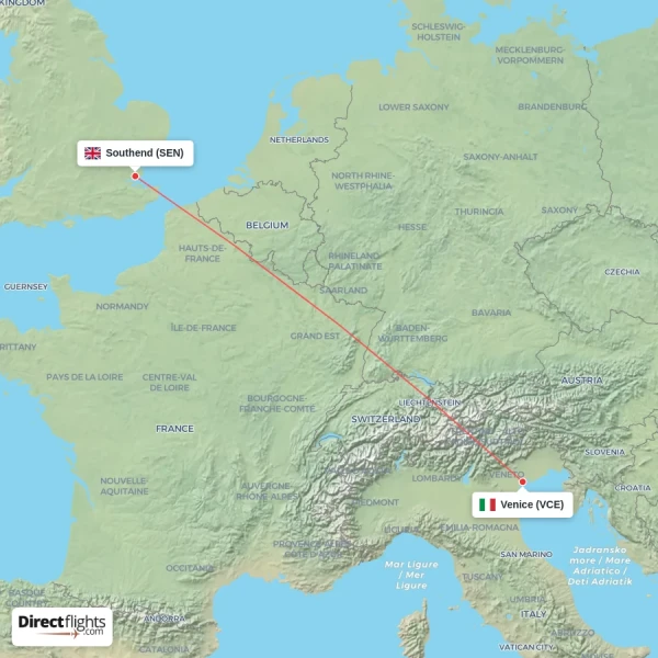 Venice - Southend direct flight map