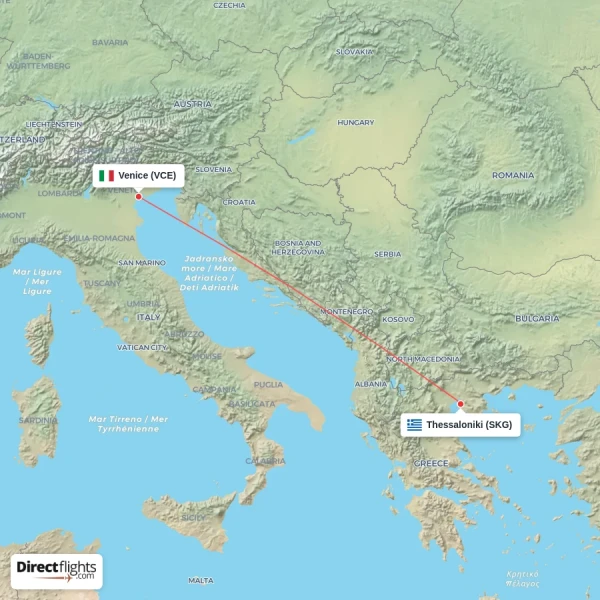 Venice - Thessaloniki direct flight map