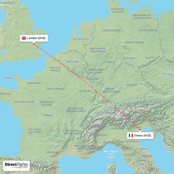 Venice - London direct flight map