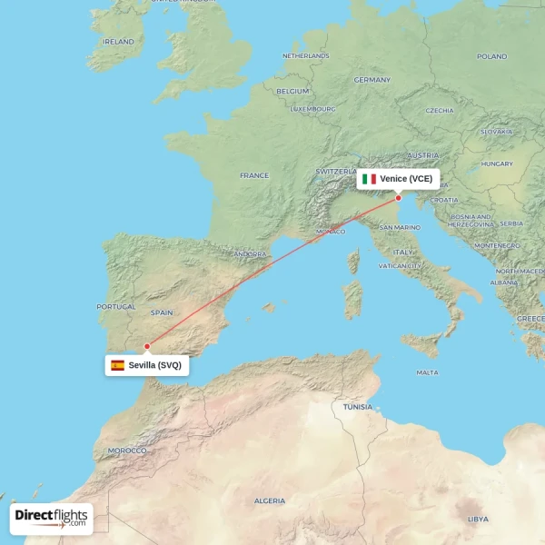 Venice - Sevilla direct flight map