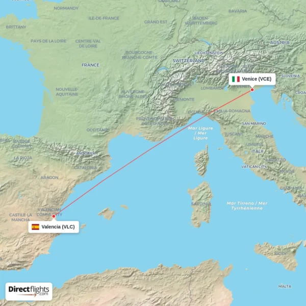Venice - Valencia direct flight map