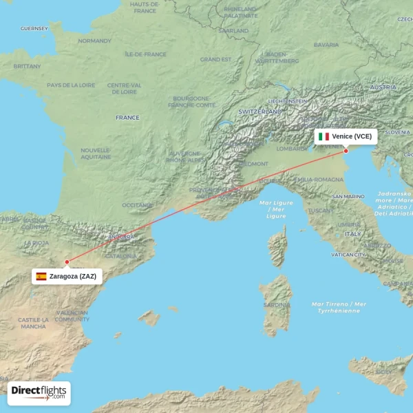 Venice - Zaragoza direct flight map