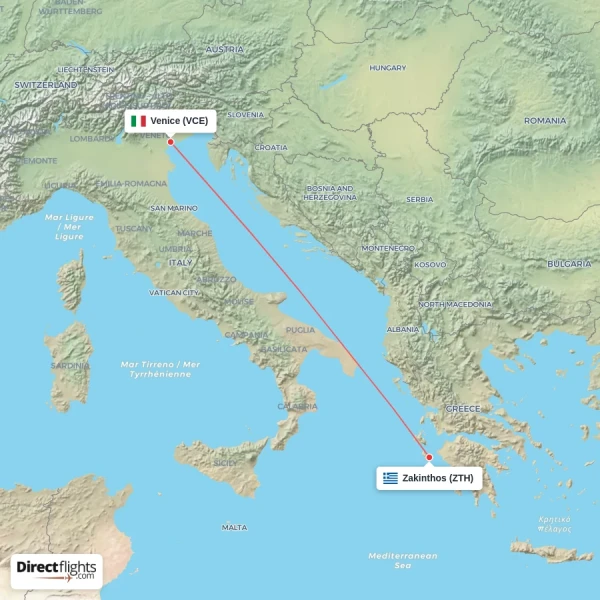 Venice - Zakinthos direct flight map