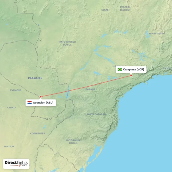 Campinas - Asuncion direct flight map