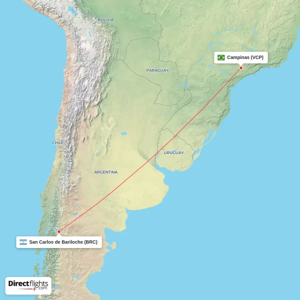 Campinas - San Carlos de Bariloche direct flight map