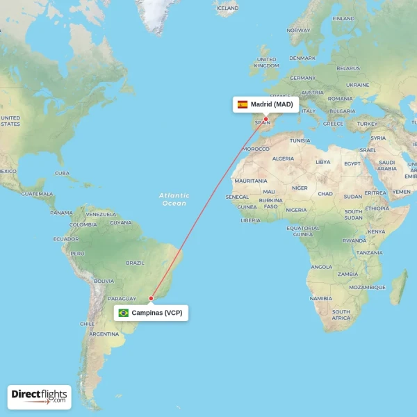 Campinas - Madrid direct flight map