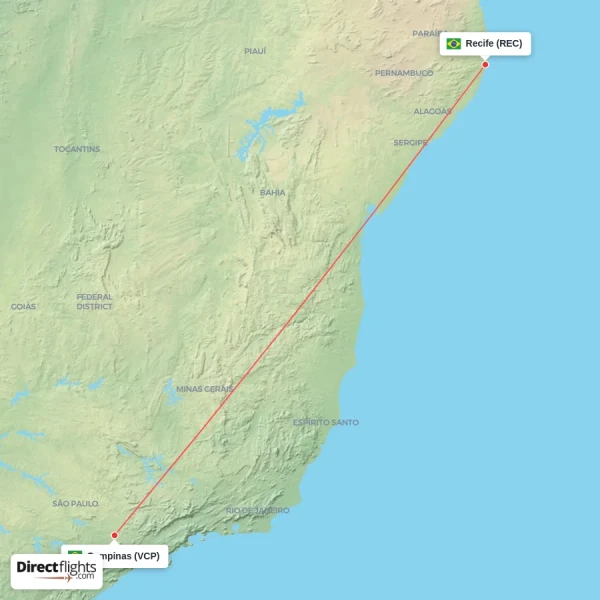 Campinas - Recife direct flight map