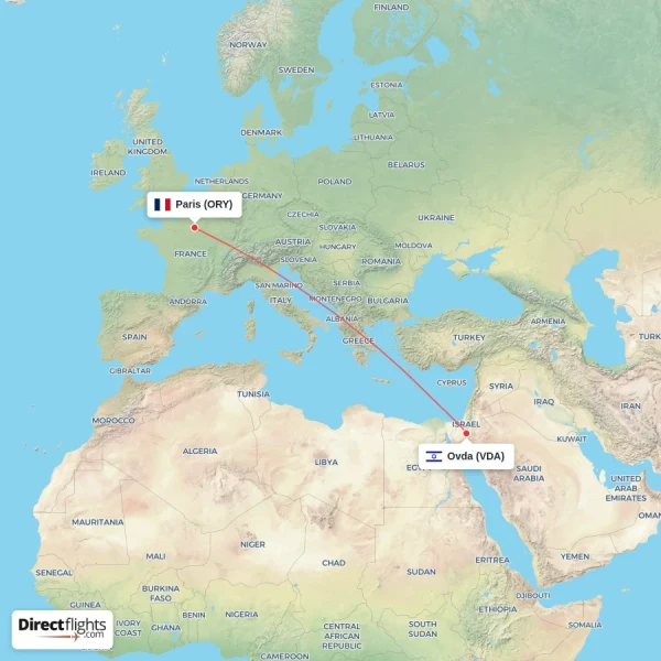 Ovda - Paris direct flight map