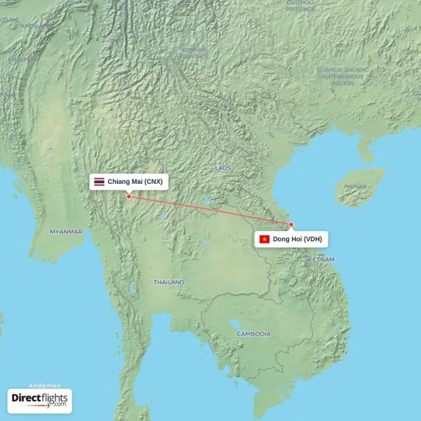 Dong Hoi - Chiang Mai direct flight map