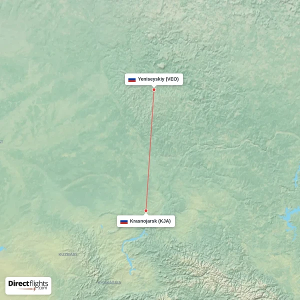Yeniseyskiy - Krasnojarsk direct flight map