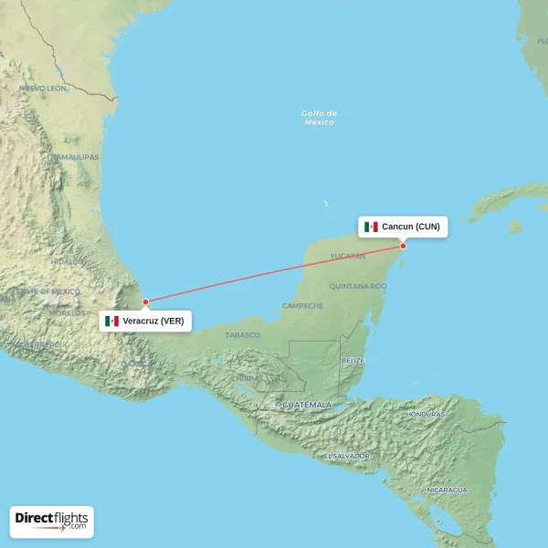 Veracruz - Cancun direct flight map
