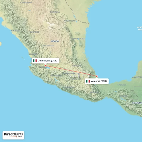 Veracruz - Guadalajara direct flight map