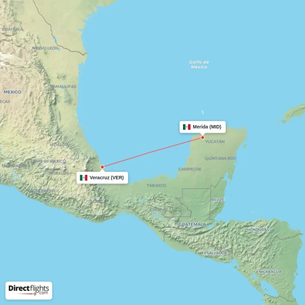 Veracruz - Merida direct flight map