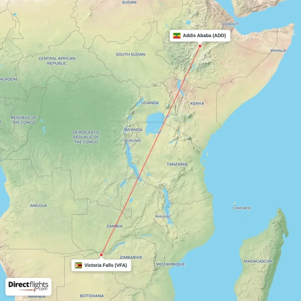 Victoria Falls - Addis Ababa direct flight map