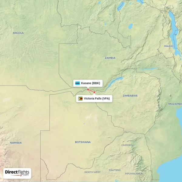 Victoria Falls - Kasane direct flight map