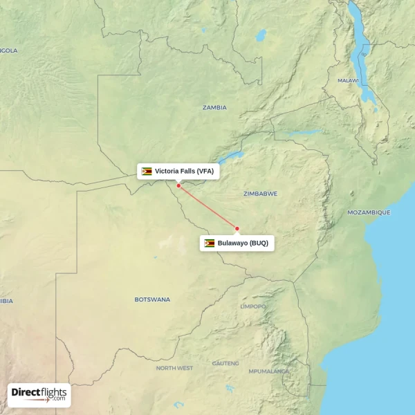 Victoria Falls - Bulawayo direct flight map