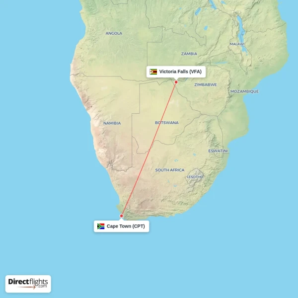 Victoria Falls - Cape Town direct flight map