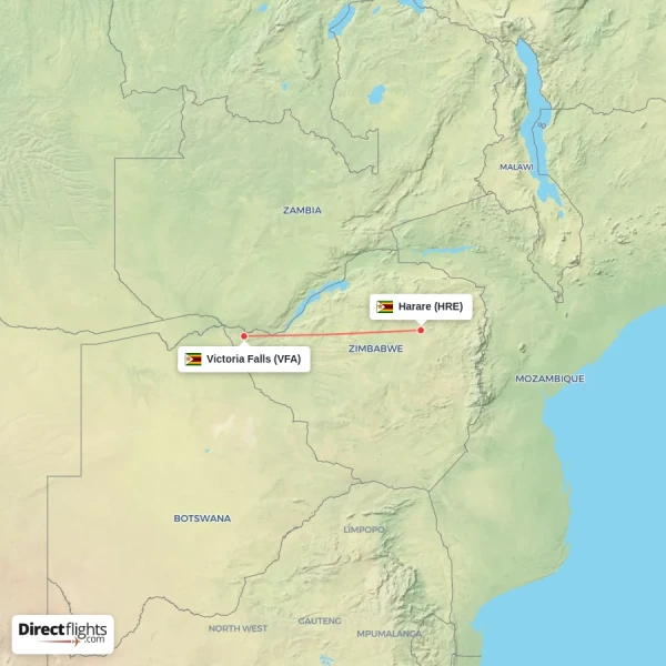 Victoria Falls - Harare direct flight map