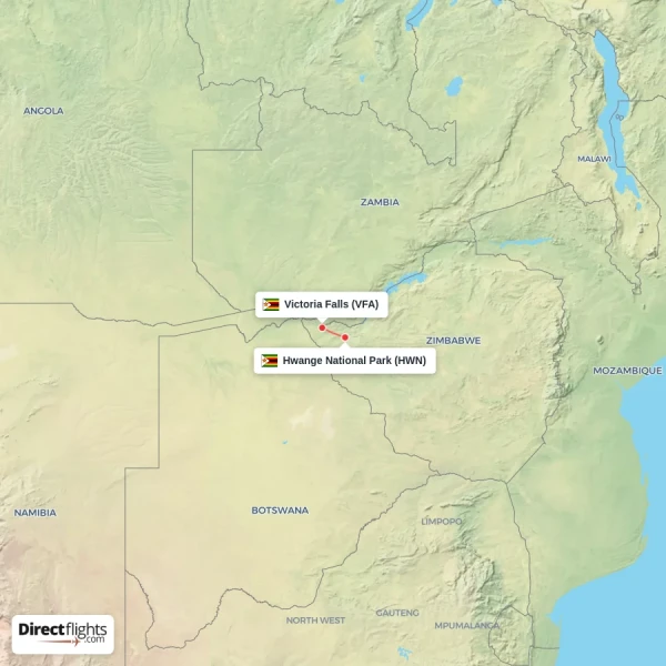 Victoria Falls - Hwange National Park direct flight map