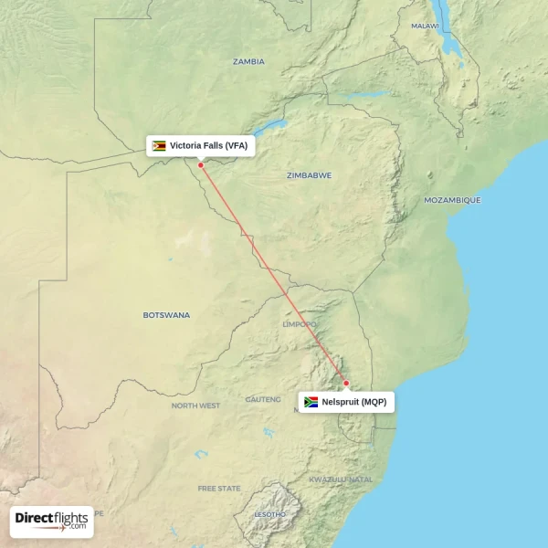 Victoria Falls - Nelspruit direct flight map