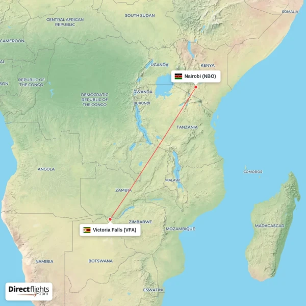 Victoria Falls - Nairobi direct flight map
